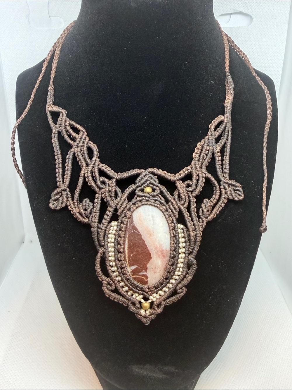 Handcrafted Brown Macramé Necklace with Natural Stone Pendant